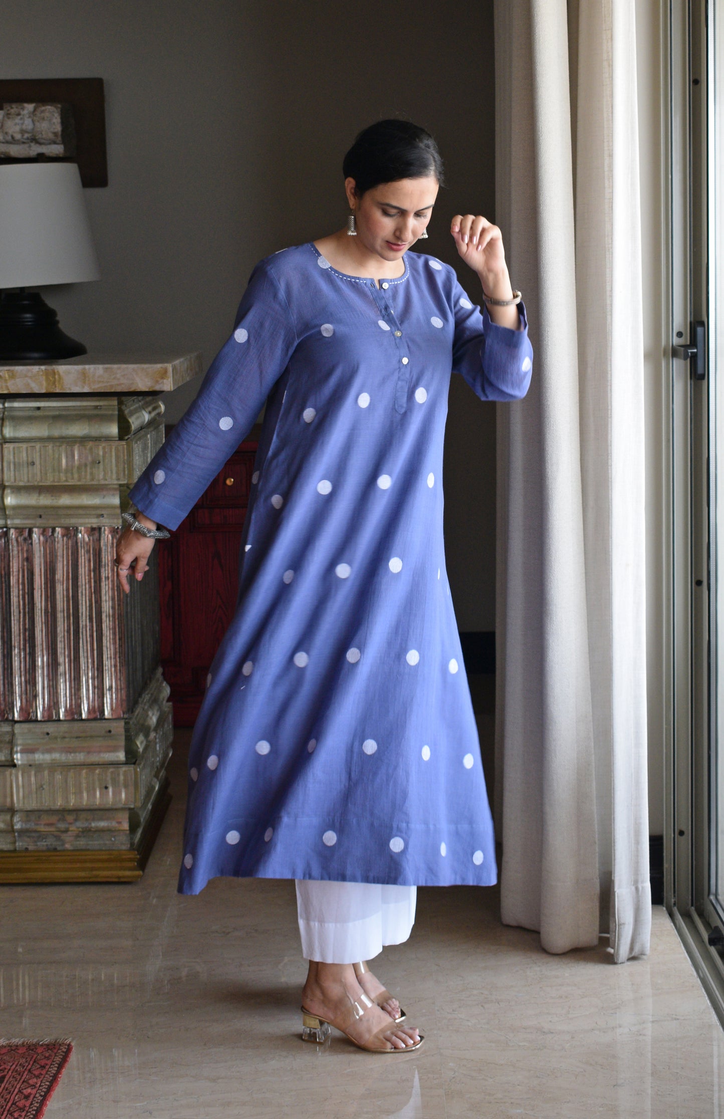 Denim Blue Jamdani Polka Dot Kurta with White pyjama