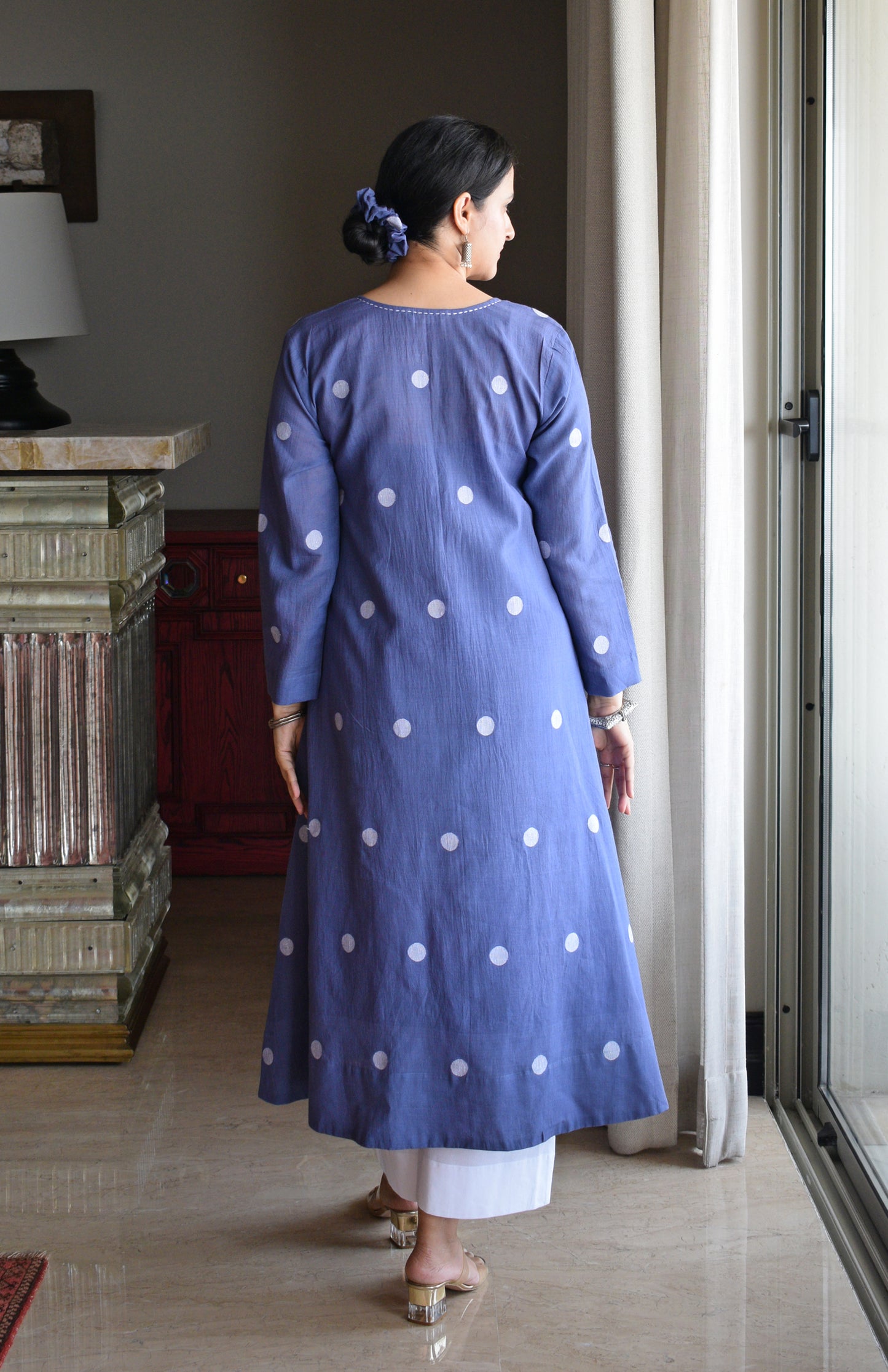 Denim Blue Jamdani Polka Dot Kurta with White pyjama