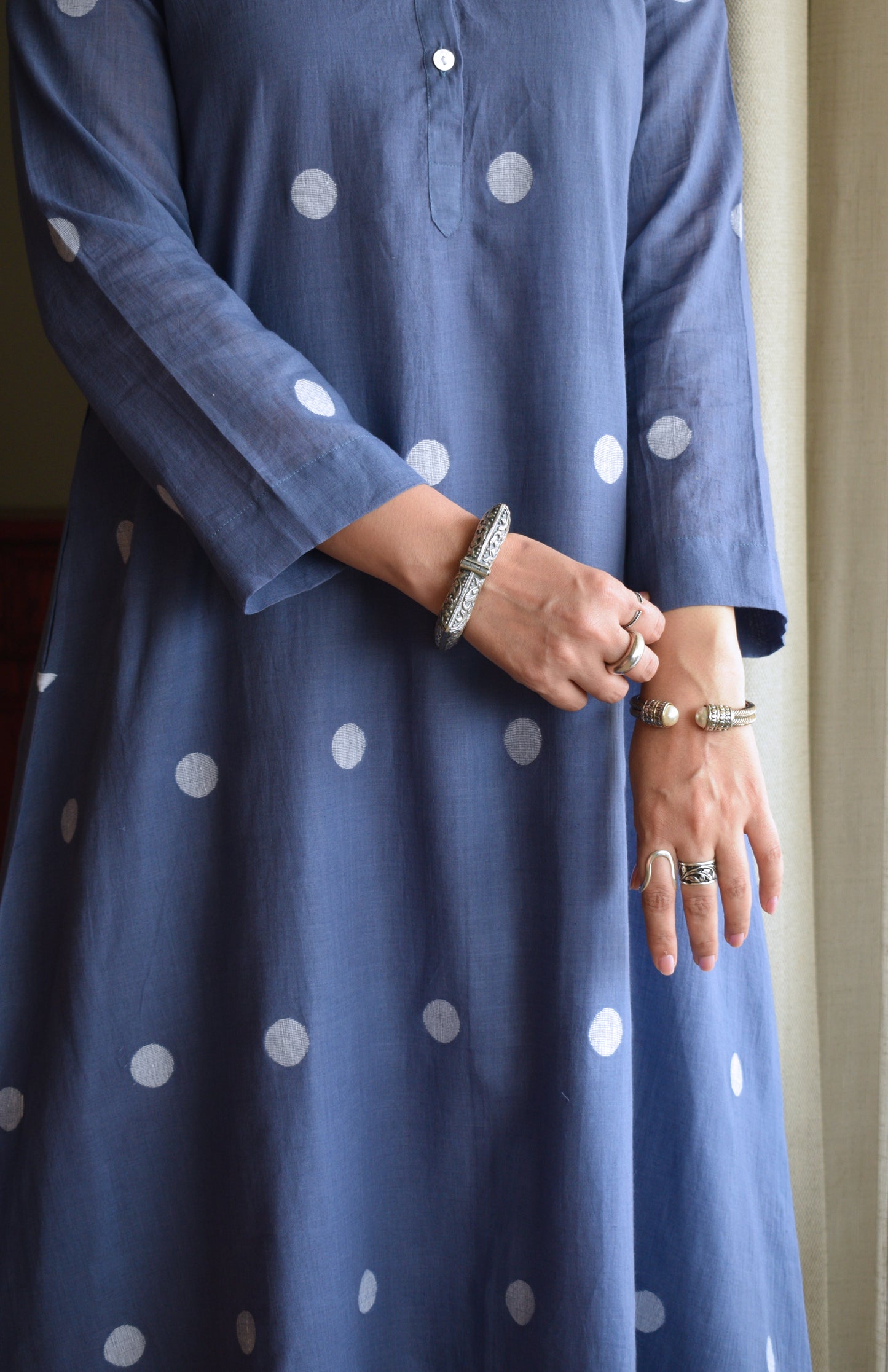 Denim Blue Jamdani Polka Dot Kurta with White pyjama