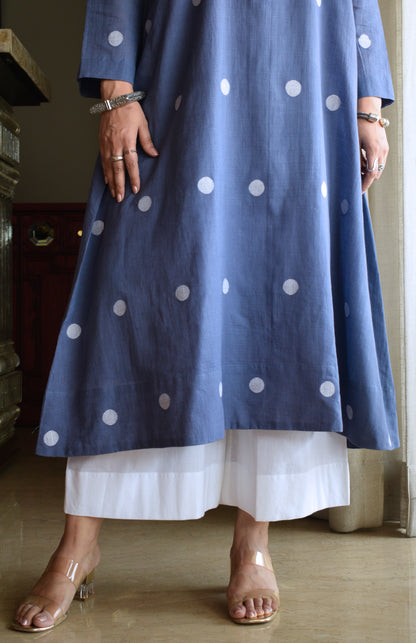 Denim Blue Jamdani Polka Dot Kurta with White pyjama