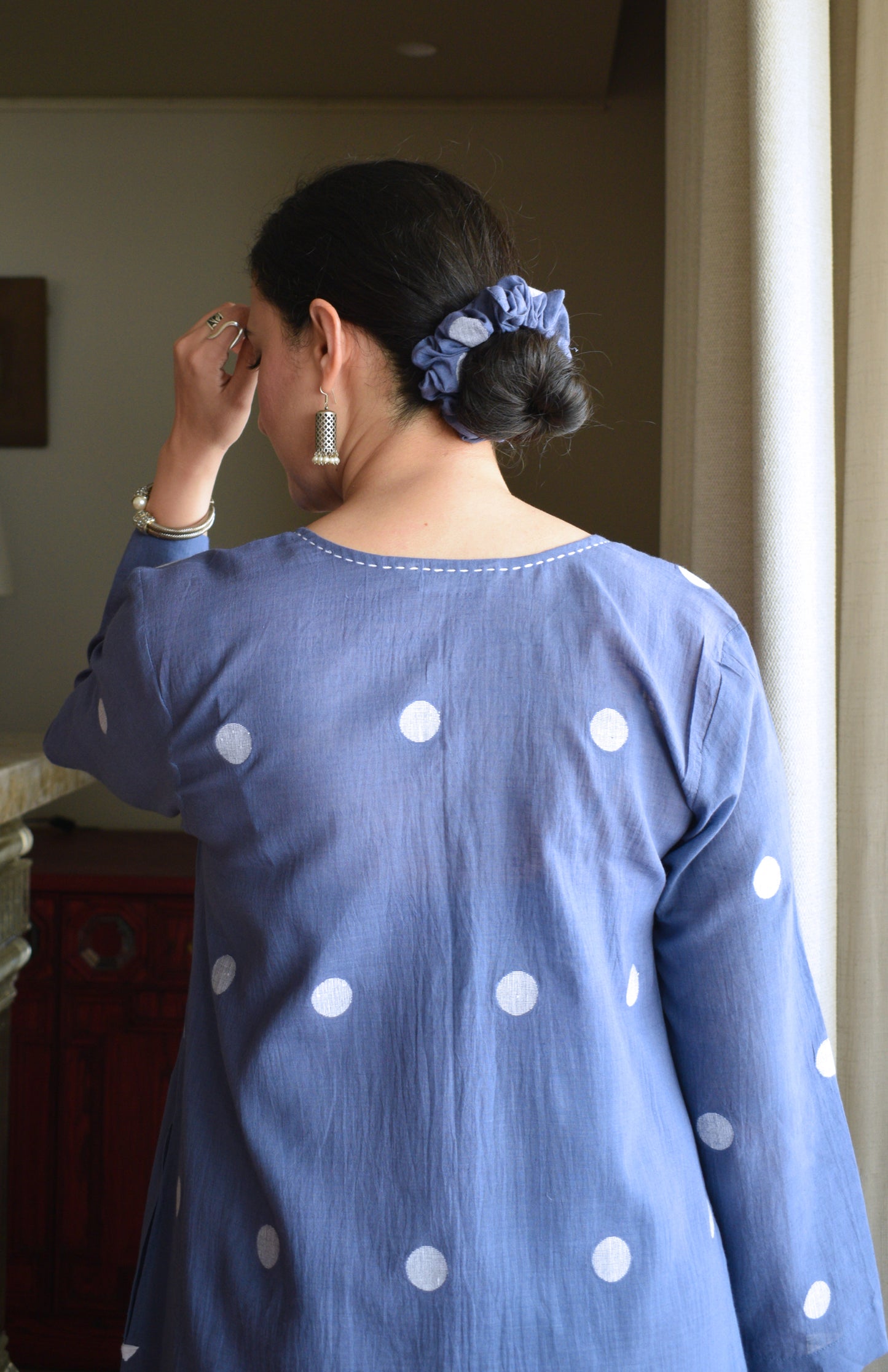 Denim Blue Jamdani Polka Dot Kurta with White pyjama