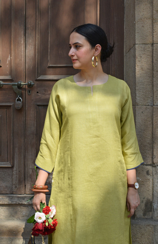 Fresh Lime Linen Straight Fit Panelled Kurta