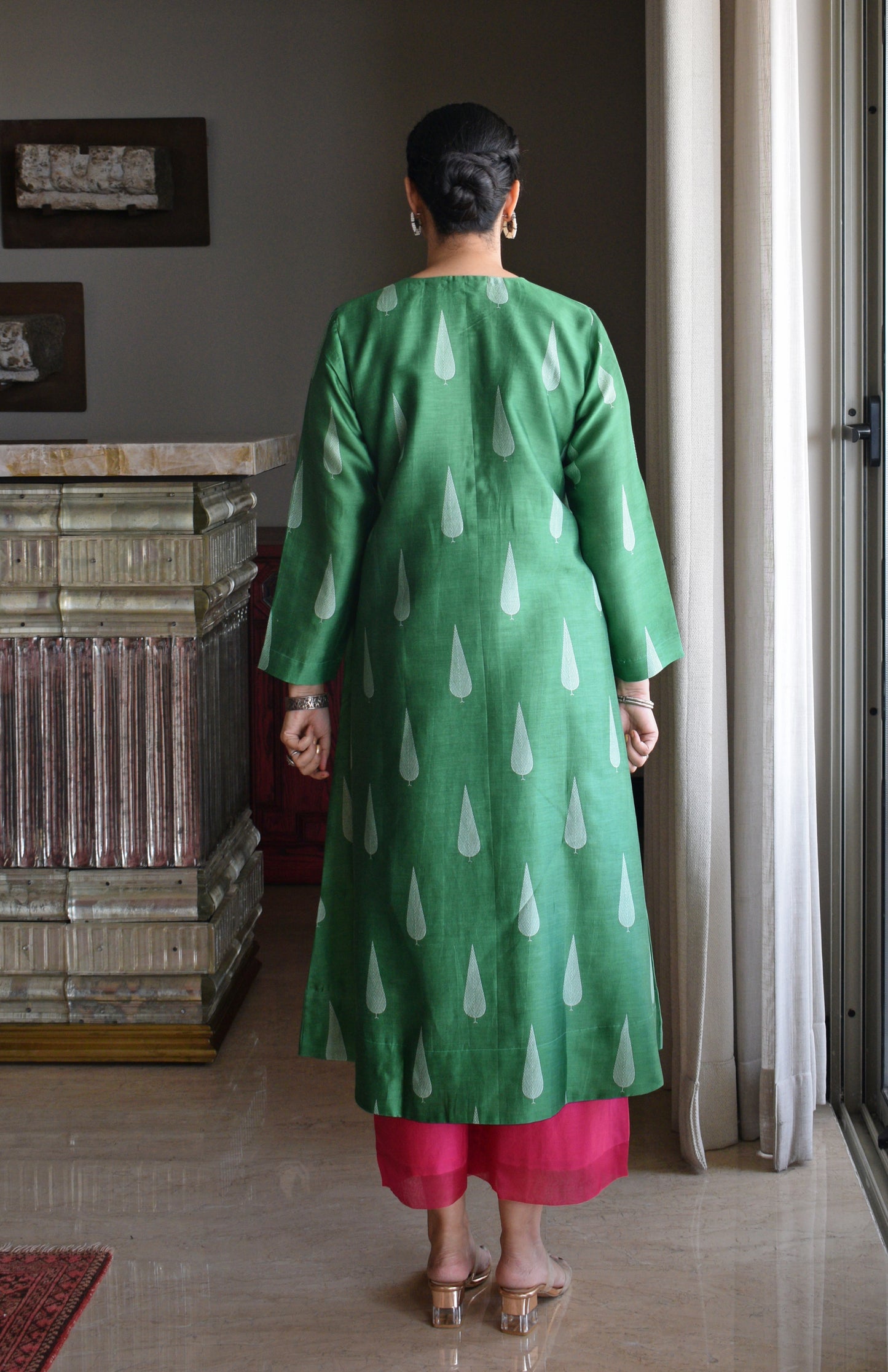 Green Chanderi Kurta with Rani Pink Chanderi Pyjama