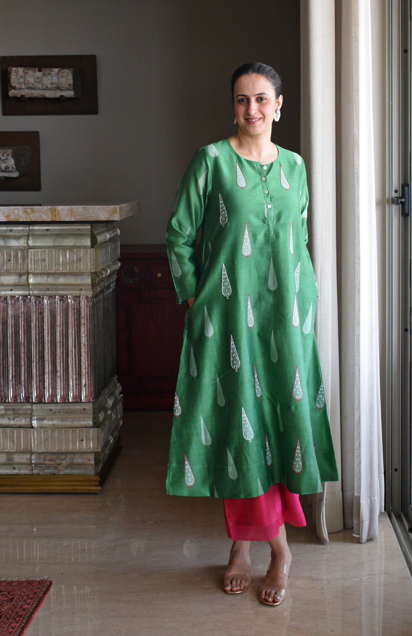 Green Chanderi Kurta with Rani Pink Chanderi Pyjama