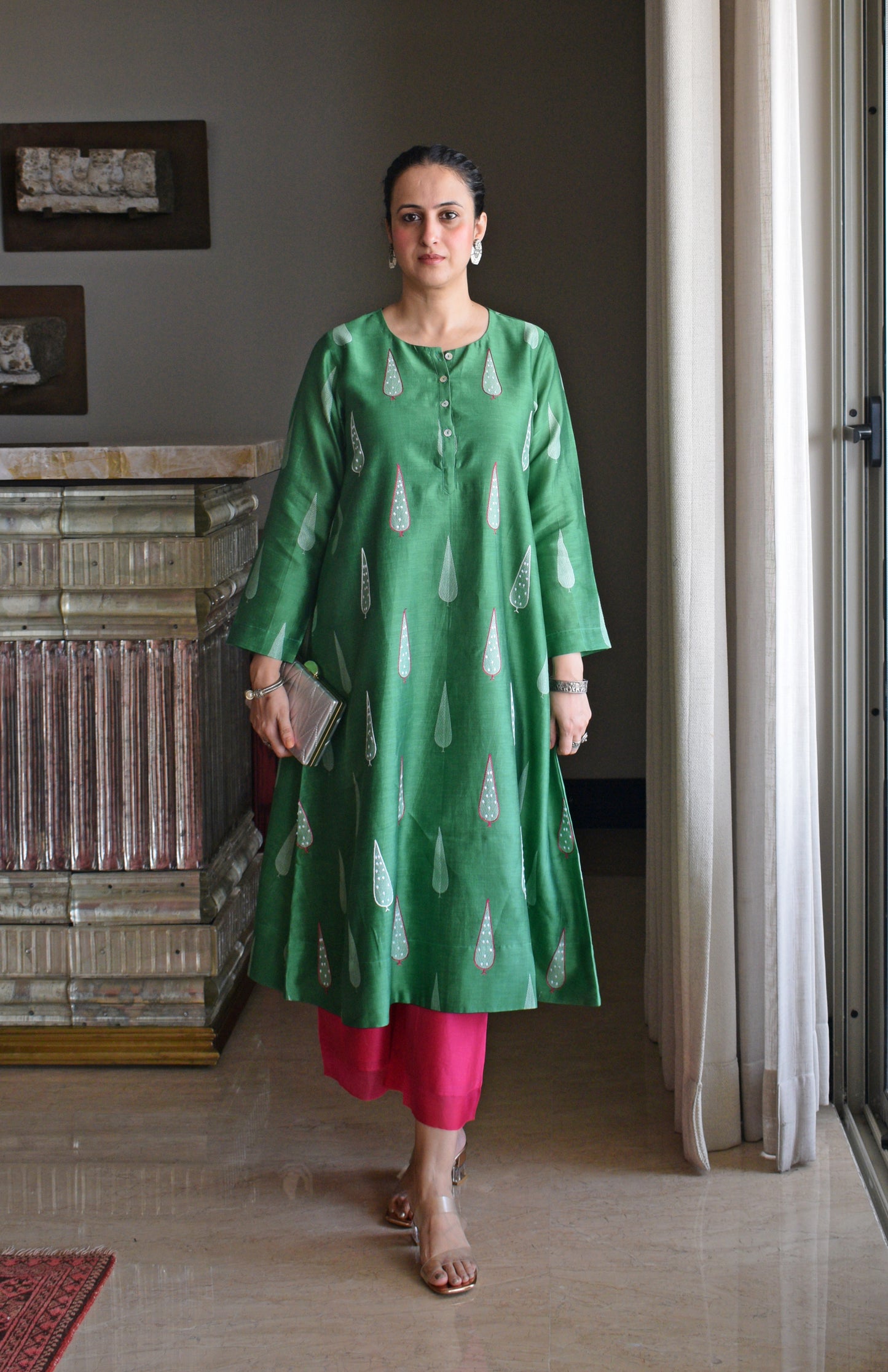 Green Chanderi Kurta with Rani Pink Chanderi Pyjama