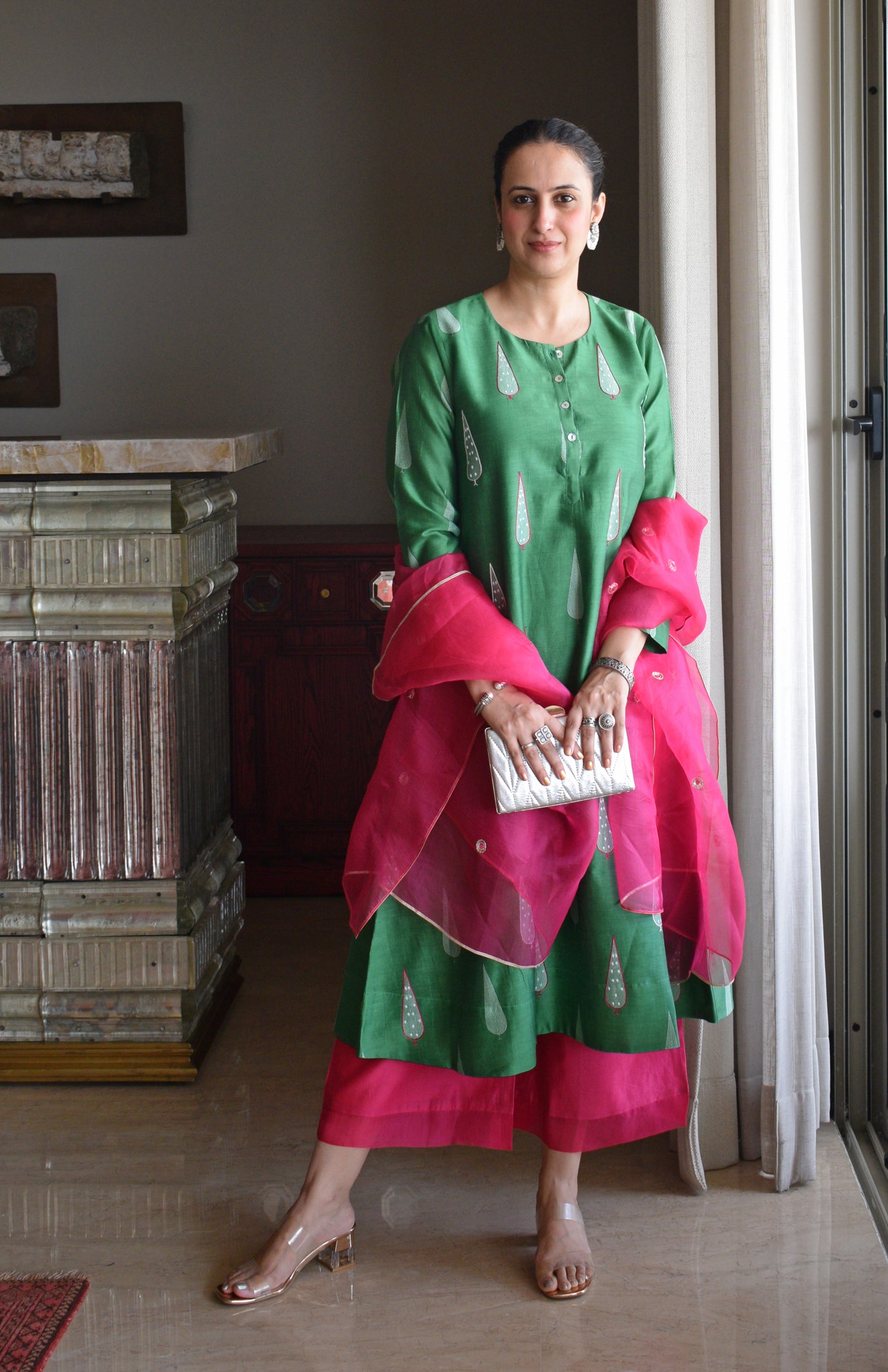 Green Chanderi Kurta with Rani Pink Chanderi Pyjama