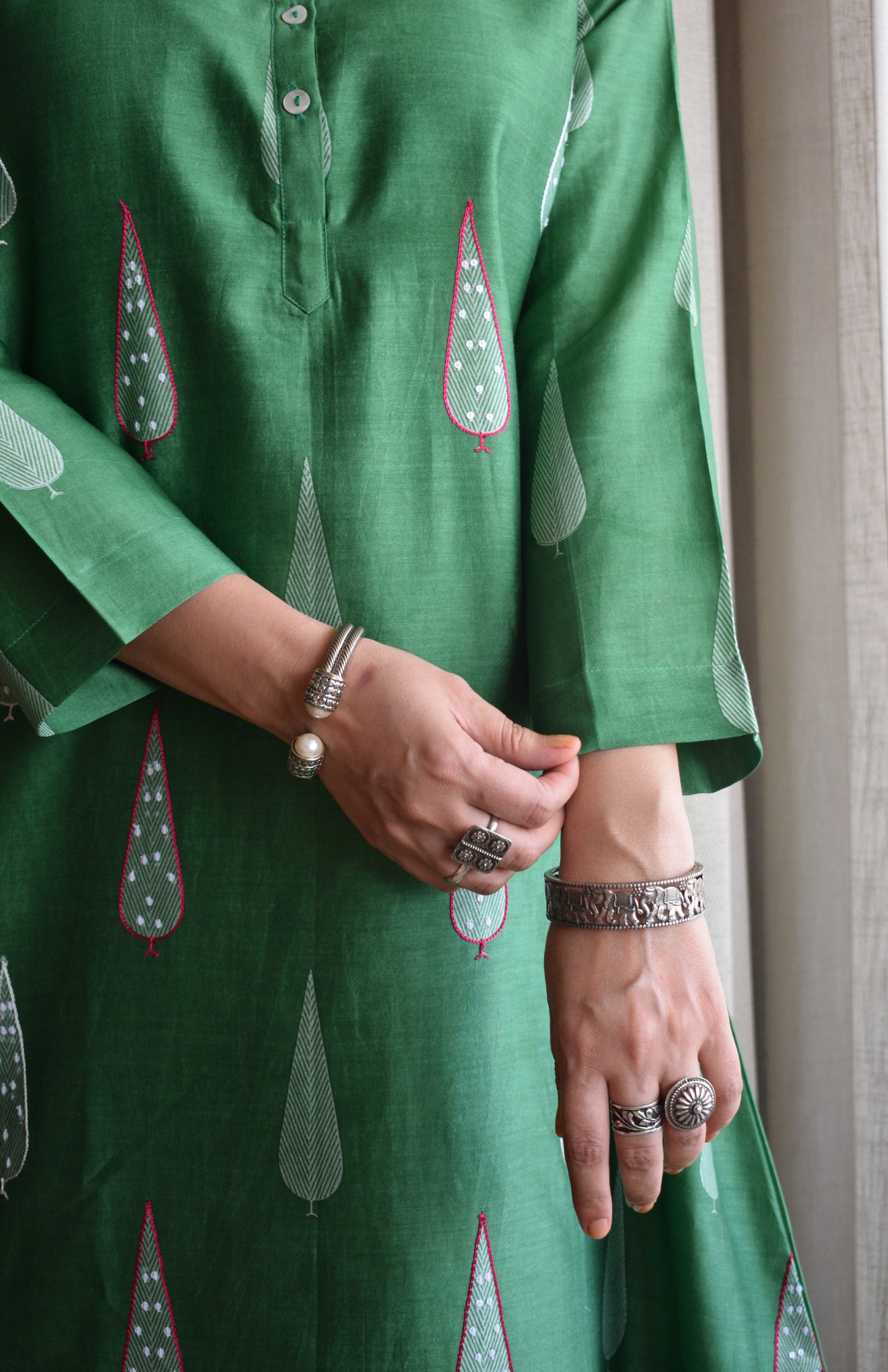 Green Chanderi Kurta with Rani Pink Chanderi Pyjama