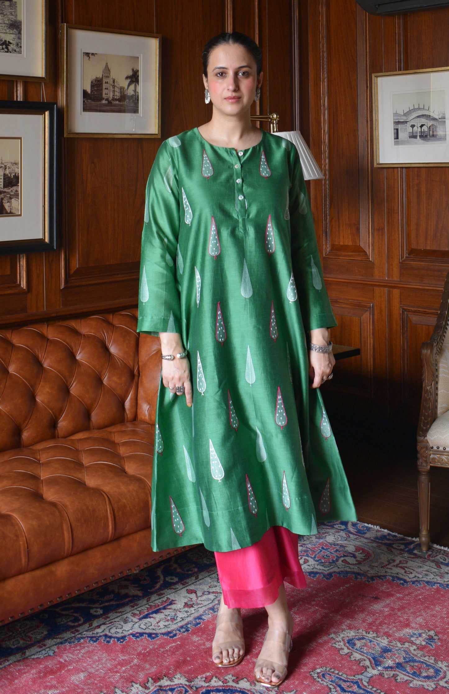 Green Chanderi Kurta with Rani Pink Chanderi Pyjama