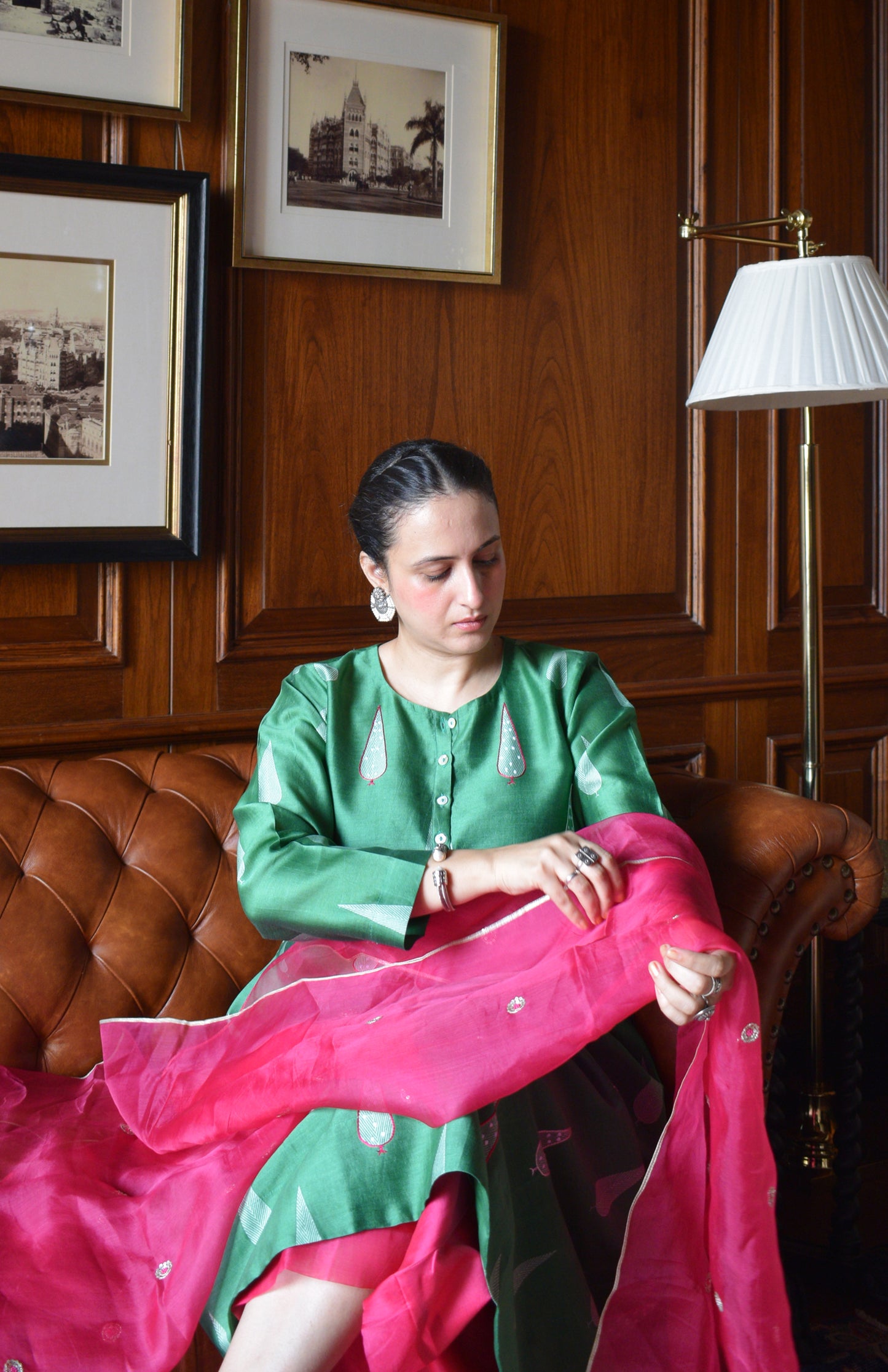 Green Chanderi Kurta with Rani Pink Chanderi Pyjama