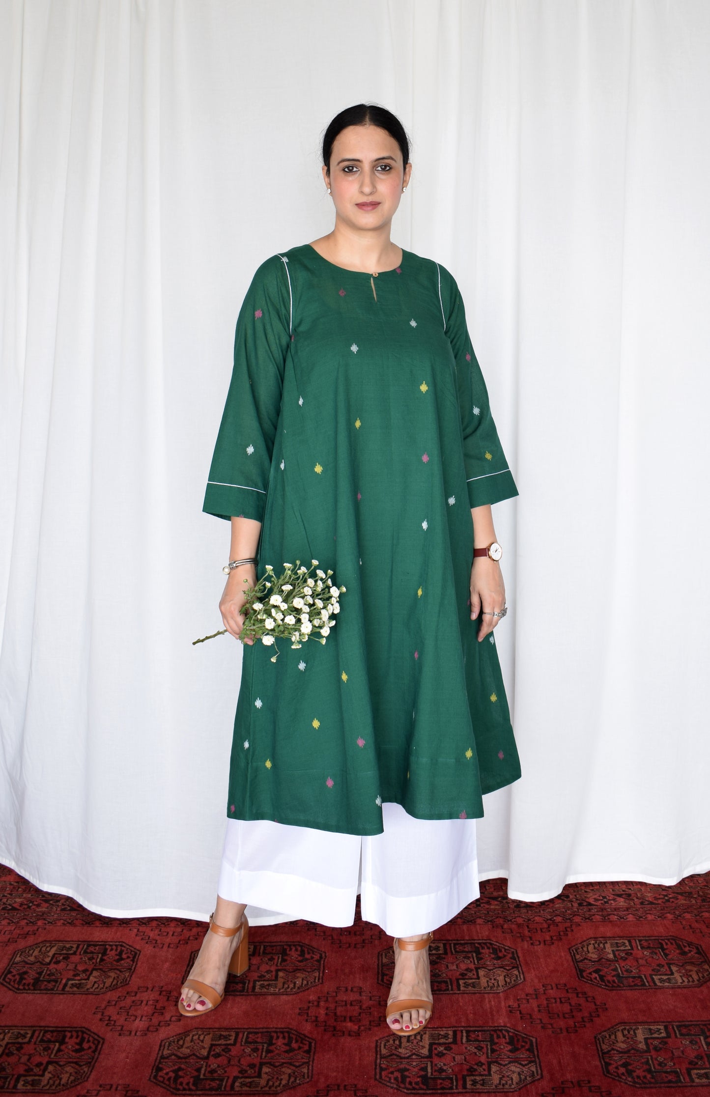 Forest green Jamdani kurta with side gathers