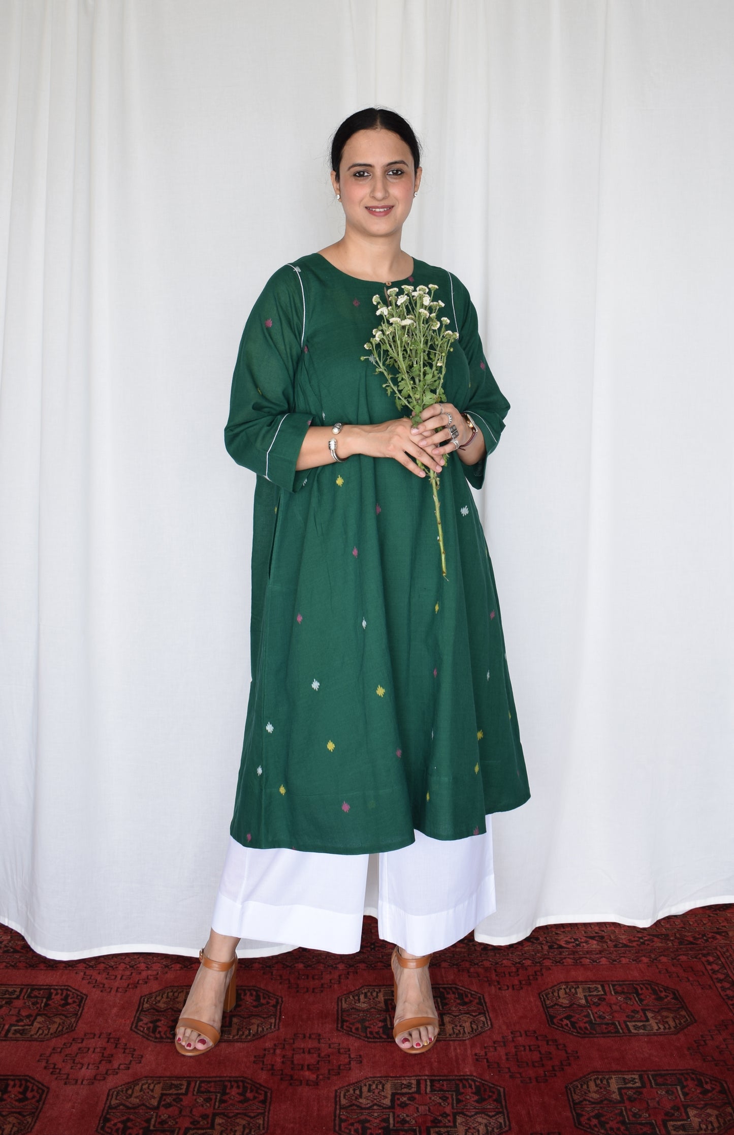 Forest green Jamdani kurta with side gathers