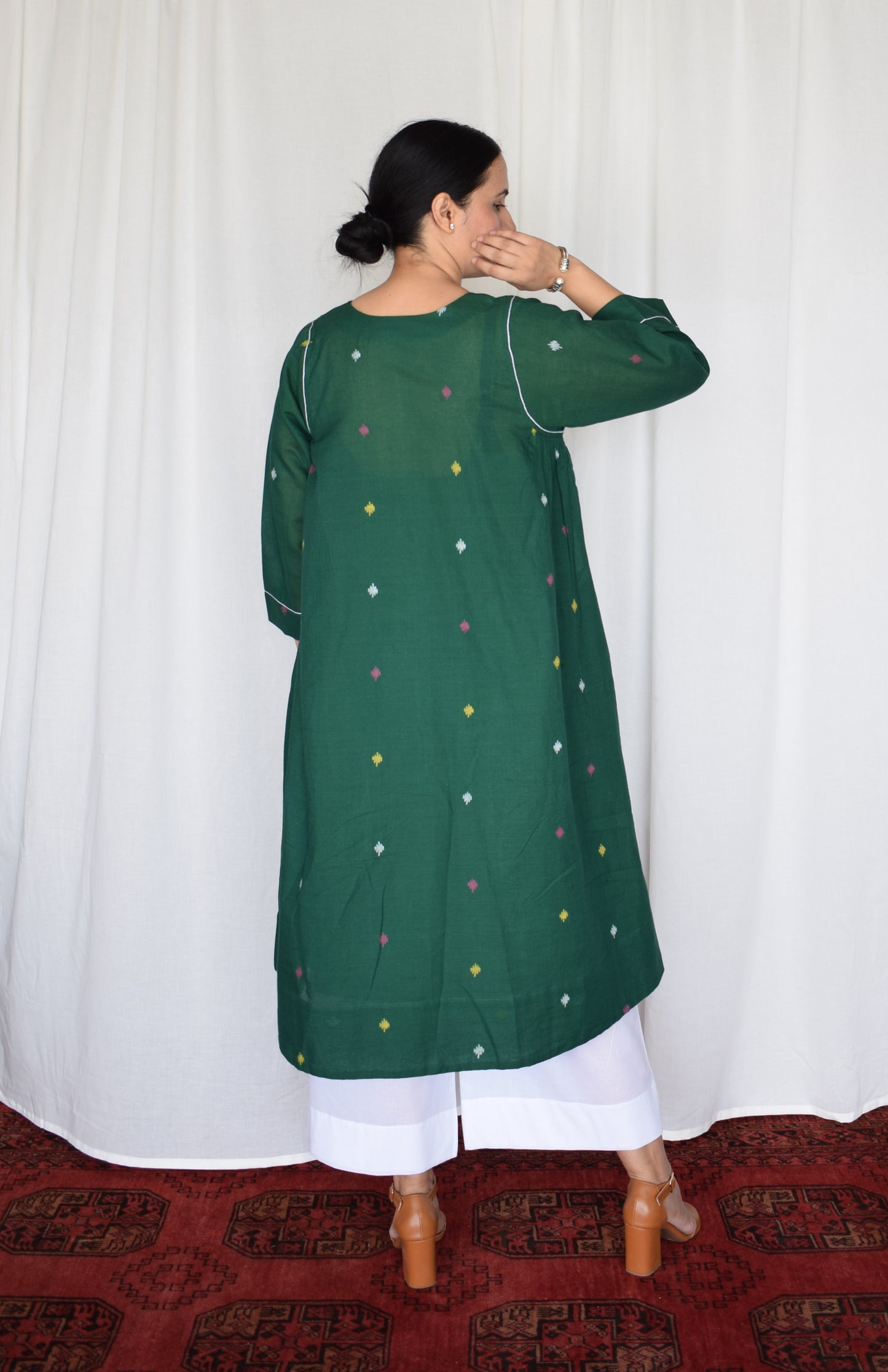 Forest green Jamdani kurta with side gathers