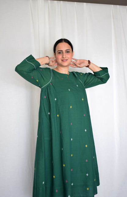 Forest green Jamdani kurta with side gathers