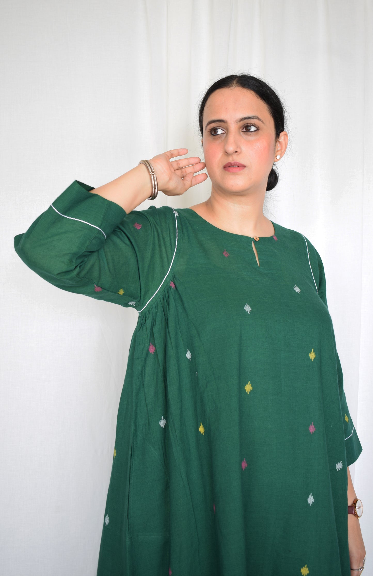 Forest green Jamdani kurta with side gathers