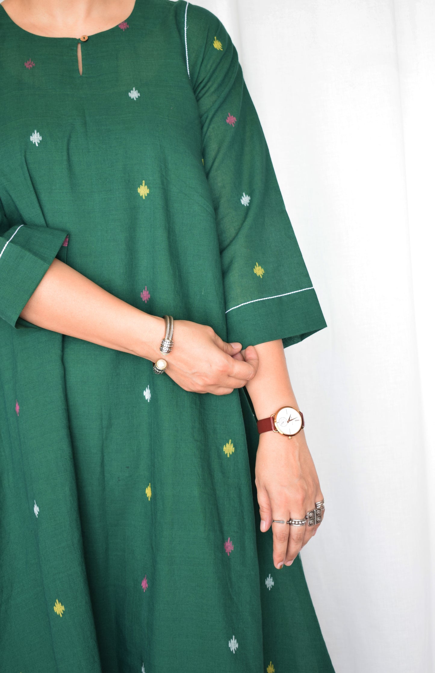 Forest green Jamdani kurta with side gathers