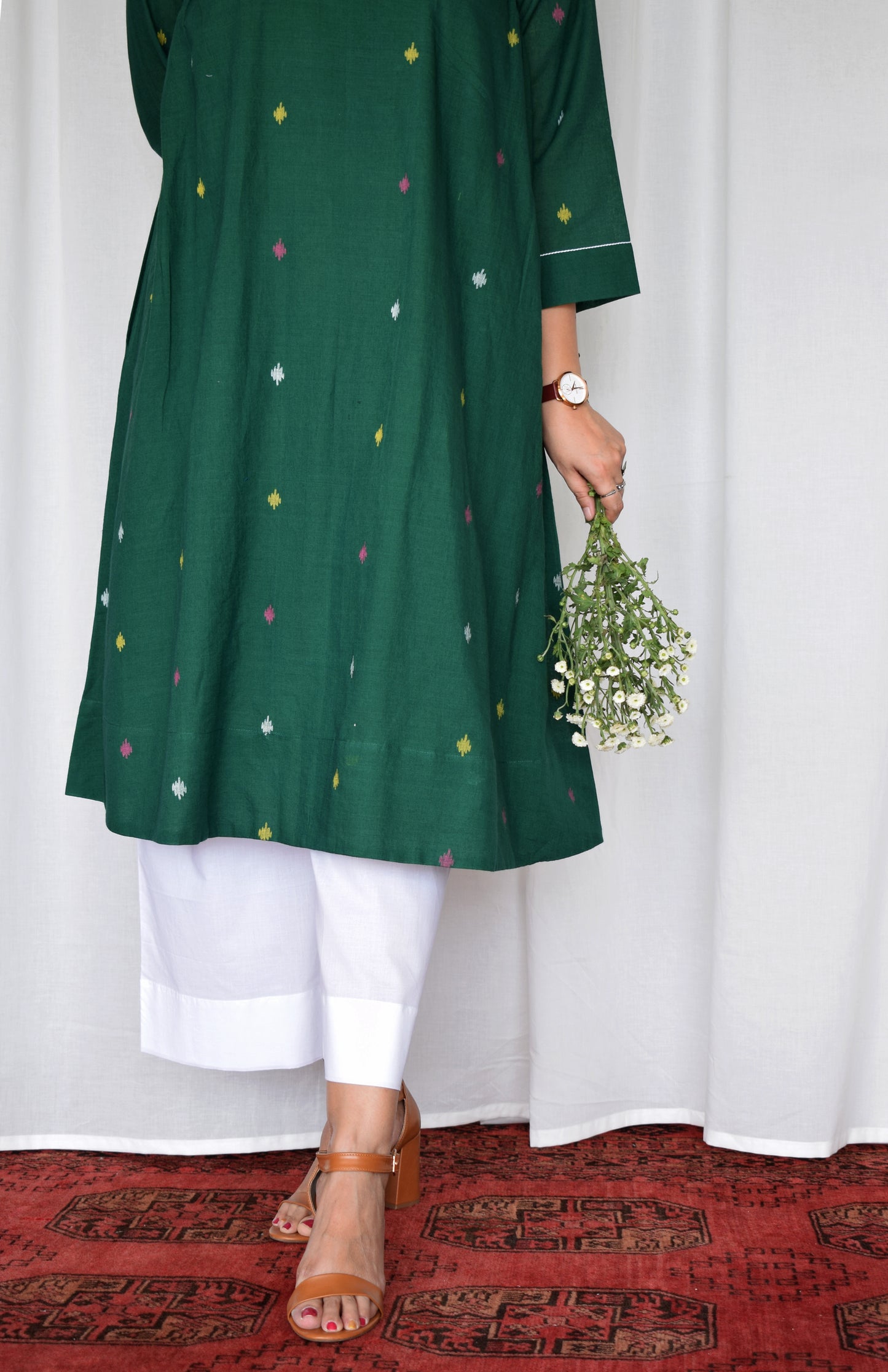 Forest green Jamdani kurta with side gathers