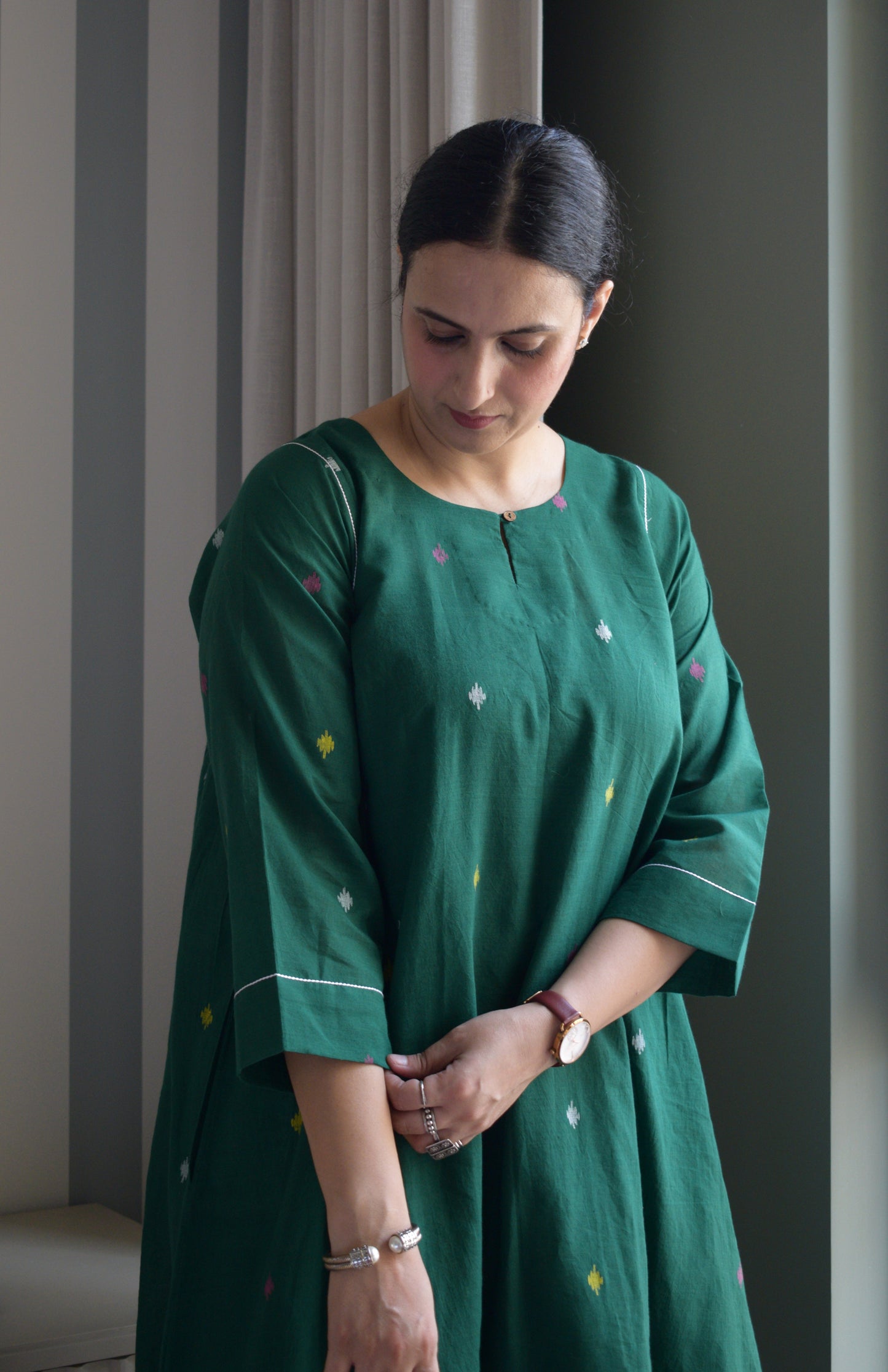 Forest green Jamdani kurta with side gathers