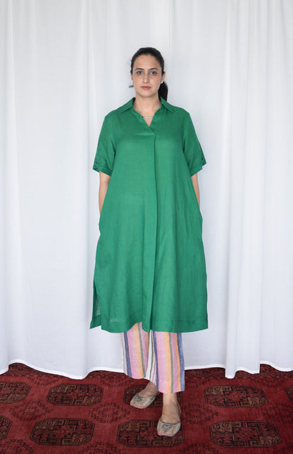 Green Linen Kurta with V neck