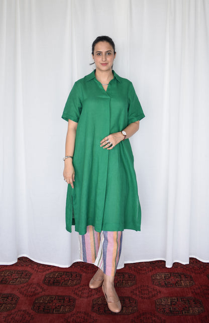 Green Linen Kurta with striped pajama