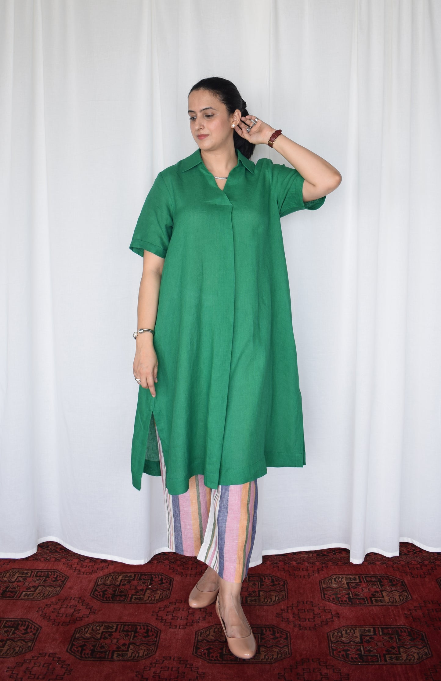 Green Linen Kurta with V neck