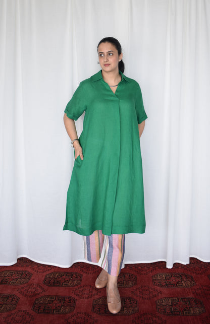 Green Linen Kurta with striped pajama