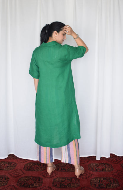 Green Linen Kurta with V neck