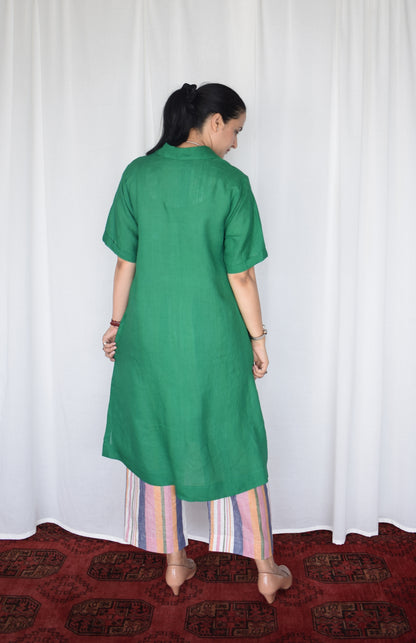 Green Linen Kurta with striped pajama