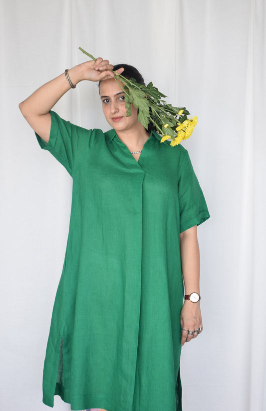 Green Linen Kurta with V neck