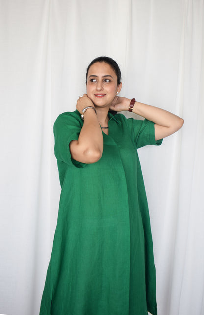 Green Linen Kurta with V neck