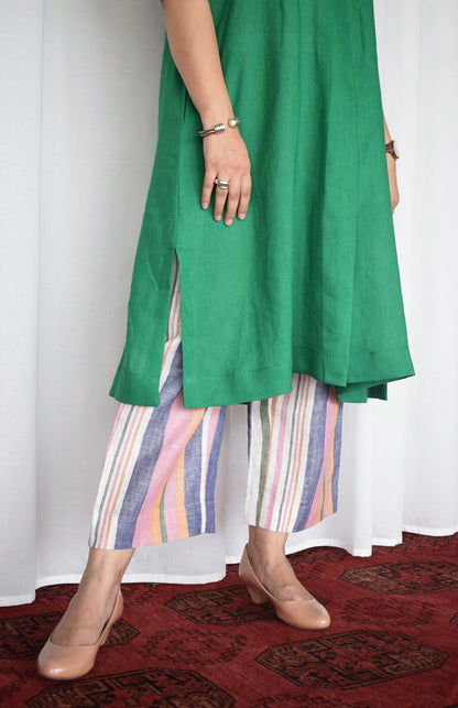 Green Linen Kurta with striped pajama