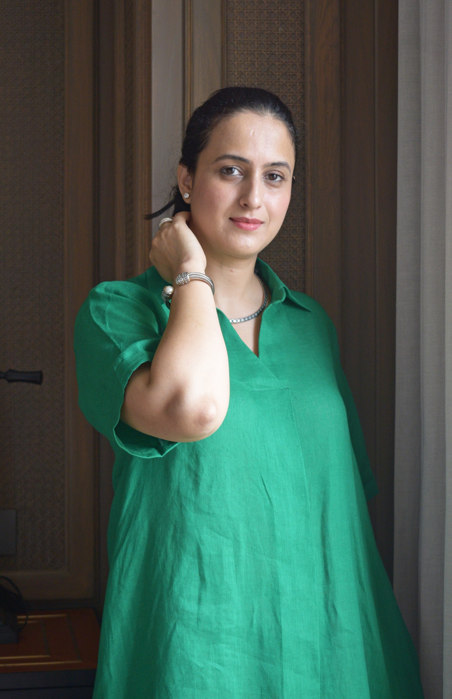 Green Linen Kurta with V neck