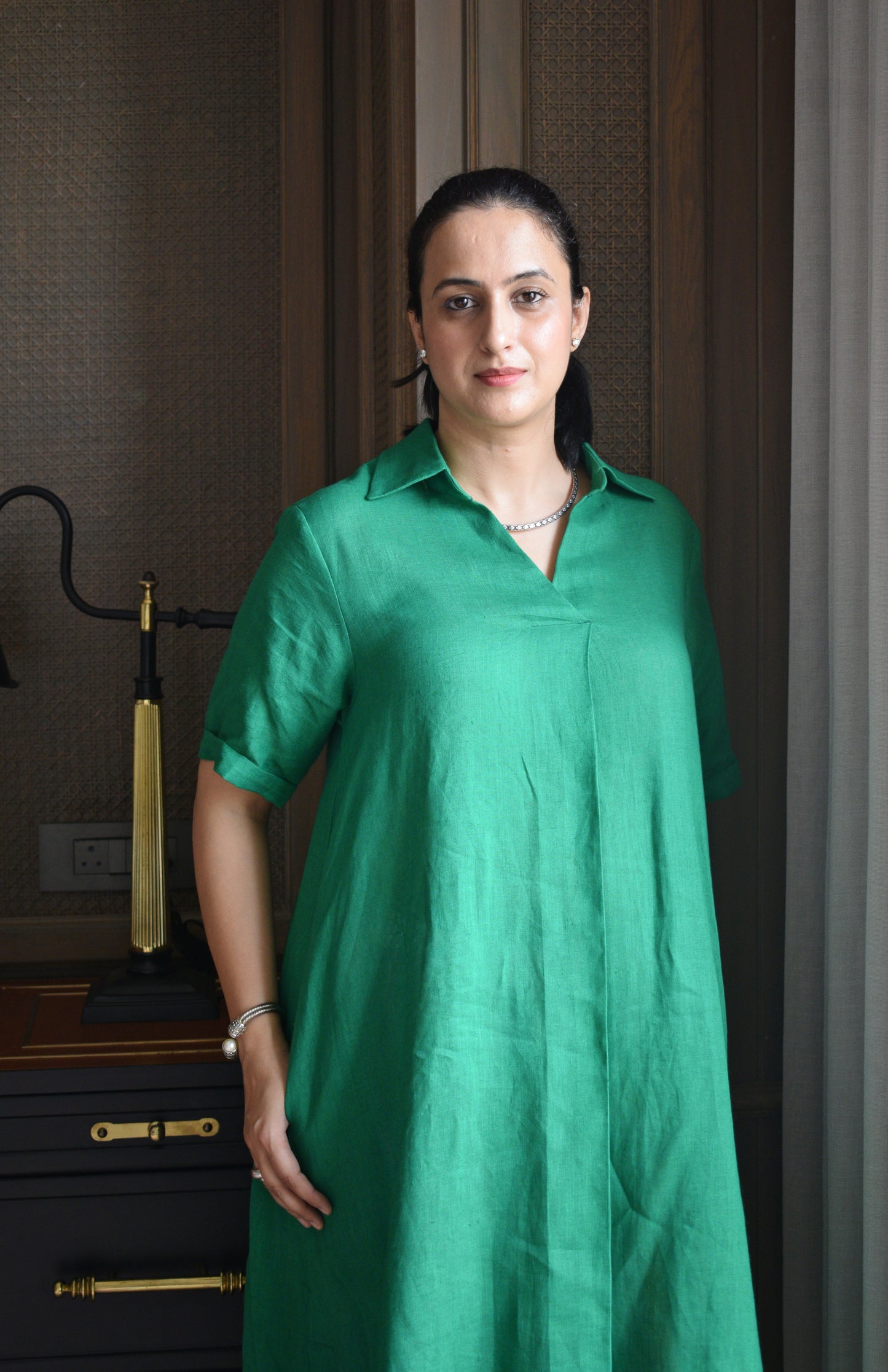 Green Linen Kurta with striped pajama