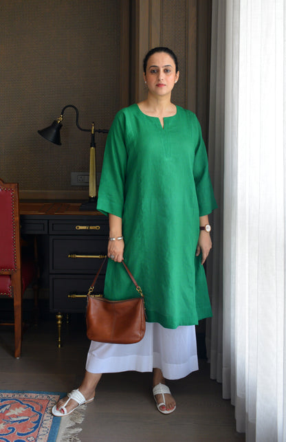 Green Linen Straight fit paneled kurta