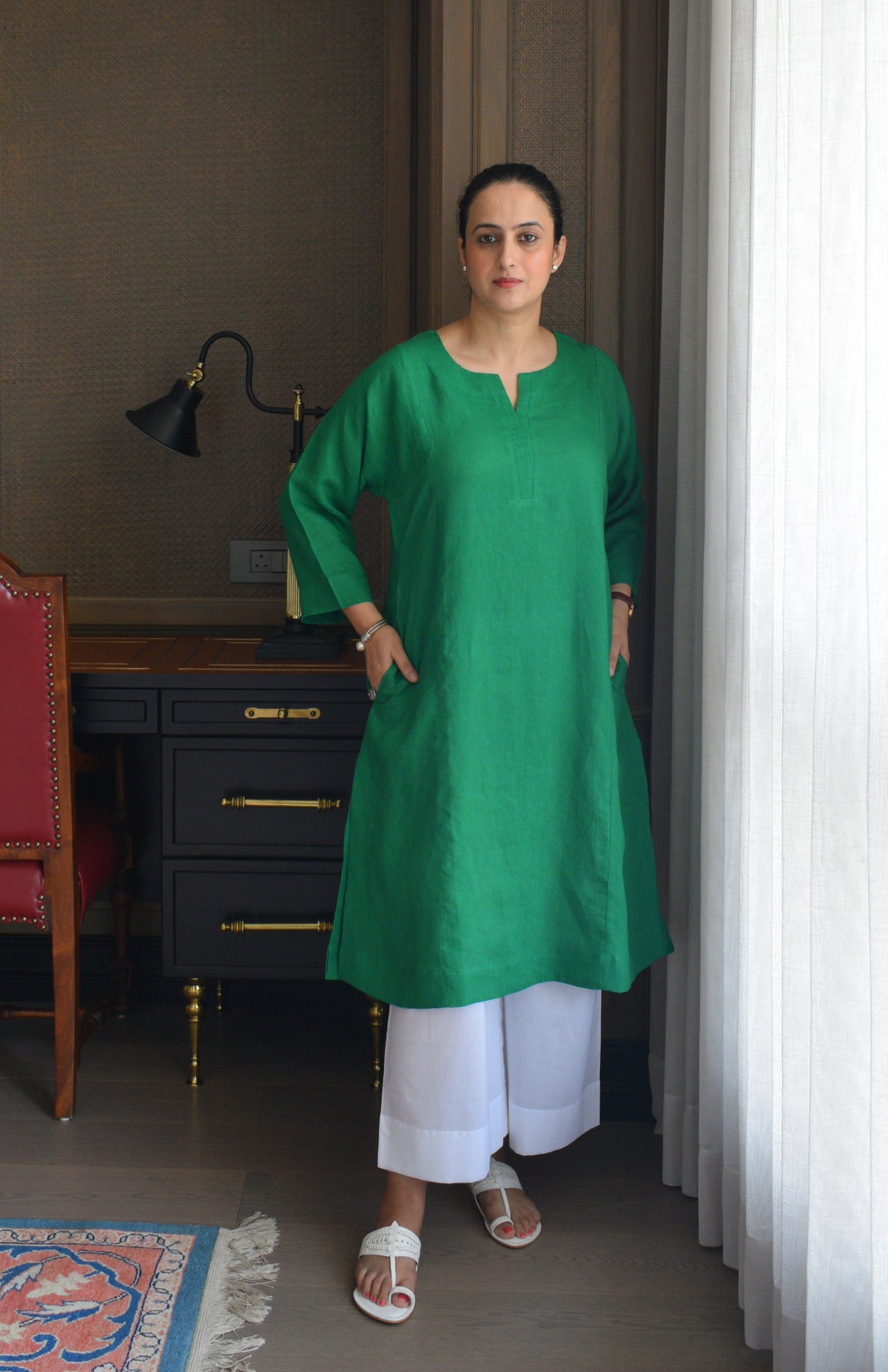 Green Linen Straight fit paneled kurta