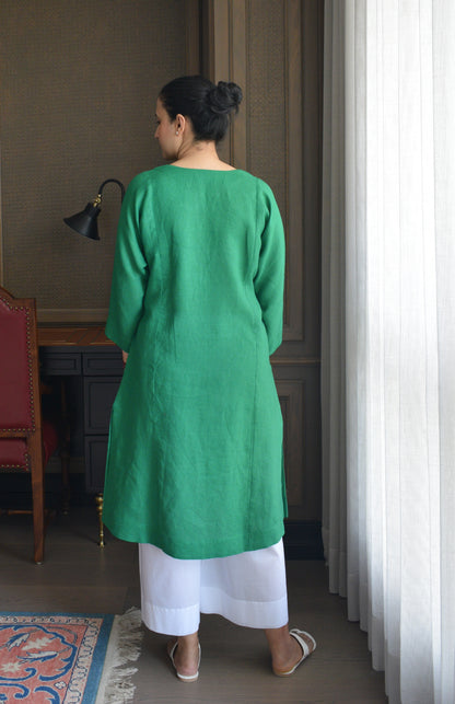 Green Linen Straight fit paneled kurta