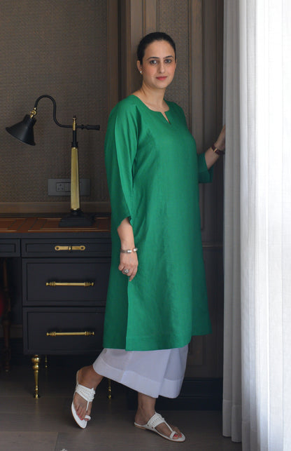 Green Linen Straight fit paneled kurta