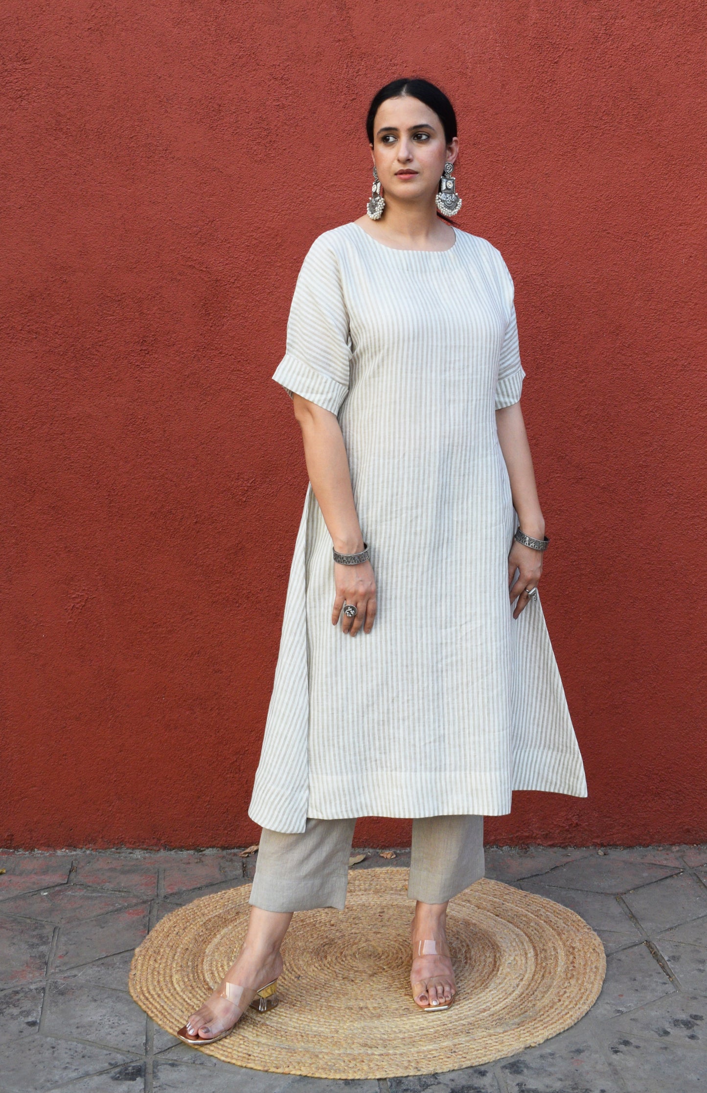 Khaki striped A line kurta with dolman sleeves in Linen