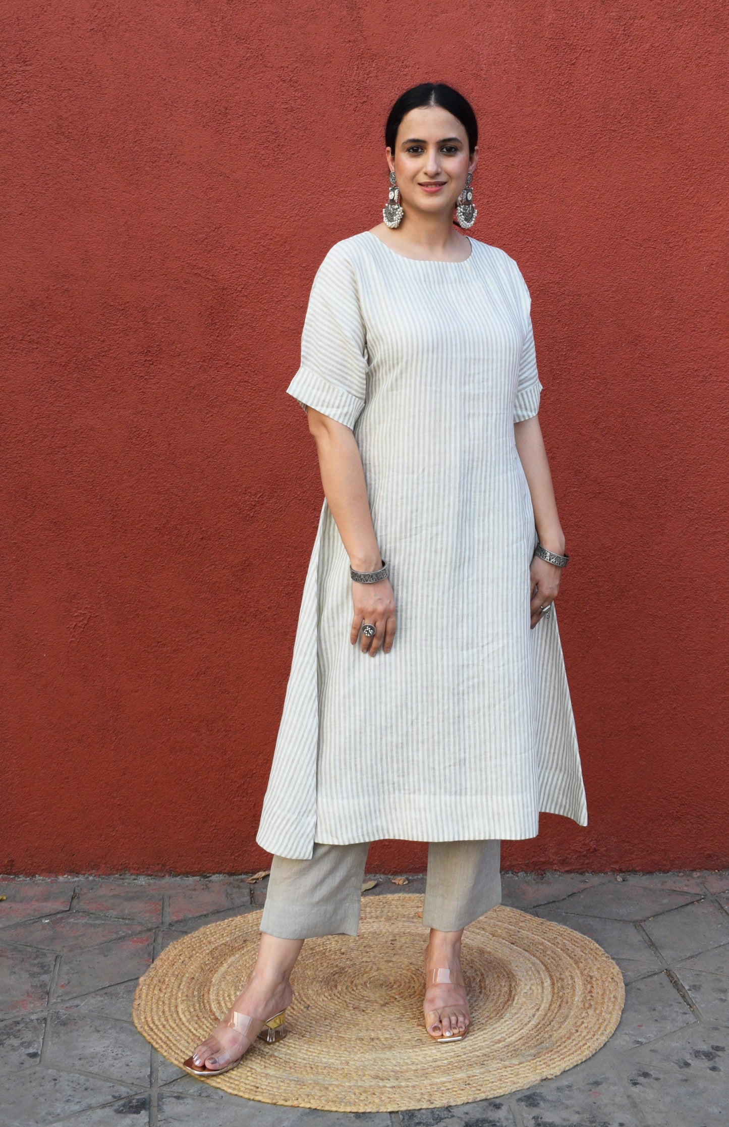 Khaki striped A line kurta set with straight fit pants in Linen