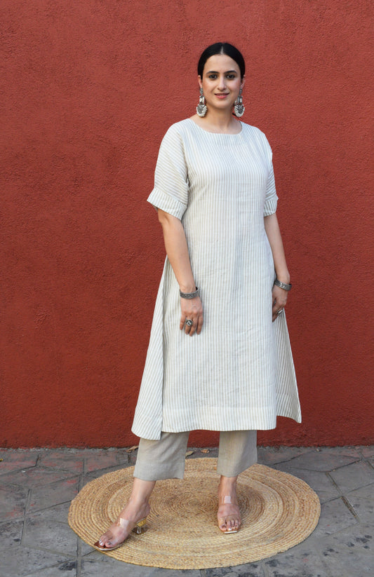 Khaki striped A line kurta with dolman sleeves in Linen