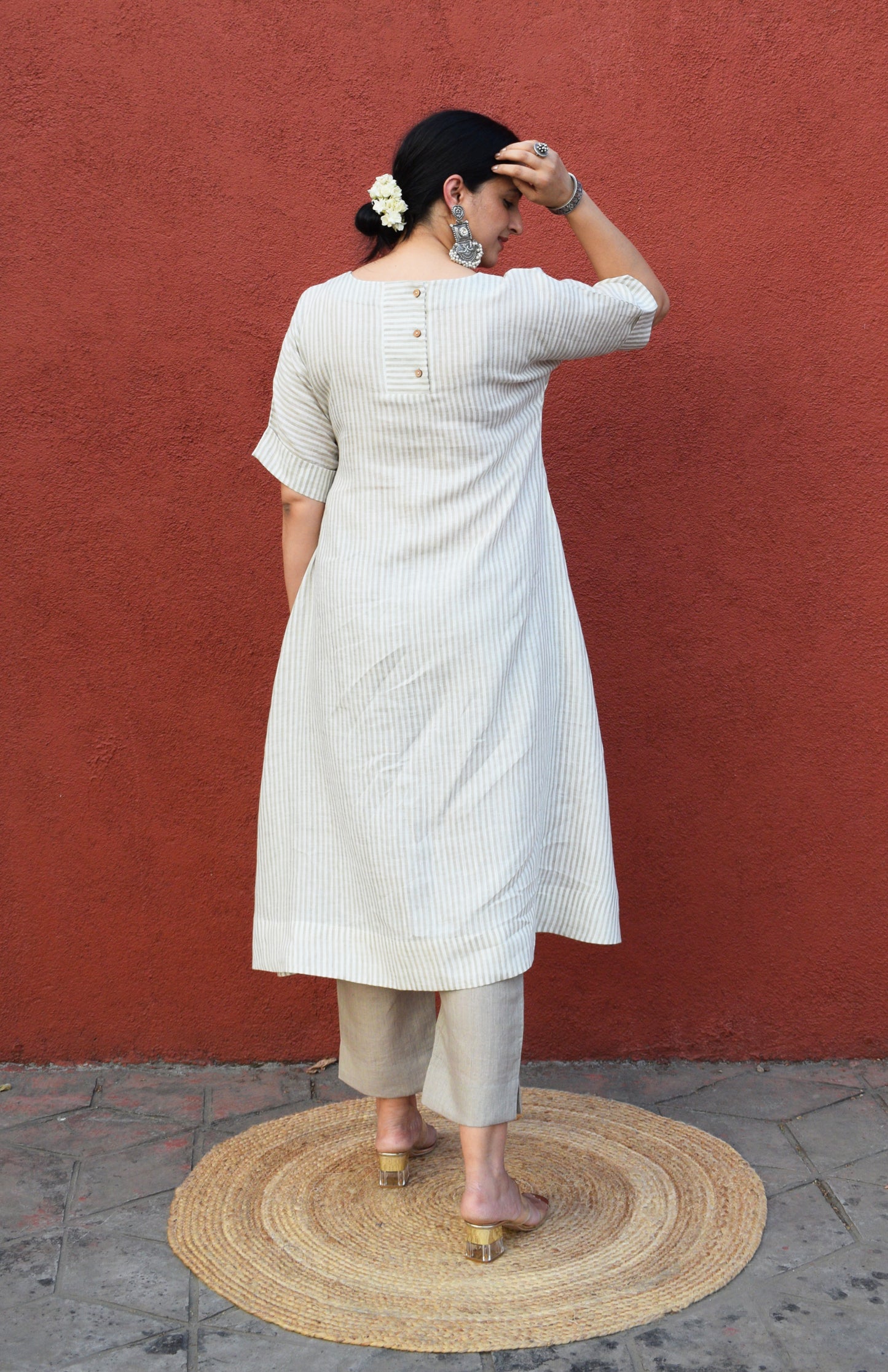 Khaki striped A line kurta set with straight fit pants in Linen