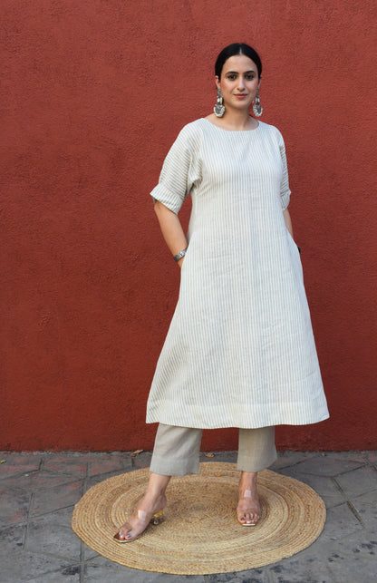 Khaki striped A line kurta with dolman sleeves in Linen