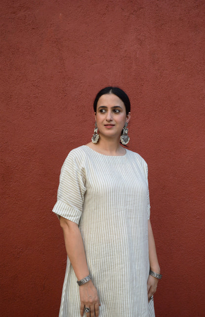 Khaki striped A line kurta with dolman sleeves in Linen