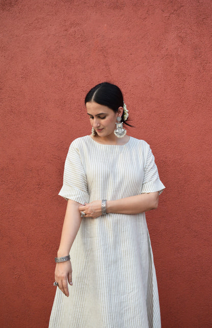 Khaki striped A line kurta with dolman sleeves in Linen