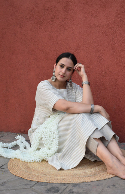 Khaki striped A line kurta with dolman sleeves in Linen