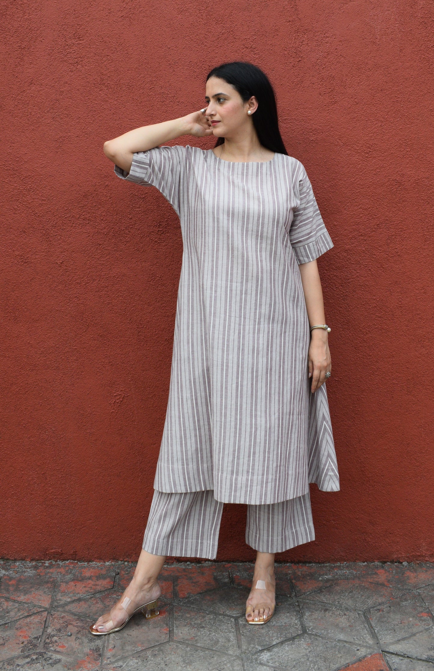 Light brown striped co-ord set with A line kurta and pajama in handwoven cotton