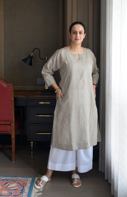 Light Grey Linen Straight fit Paneled Kurta