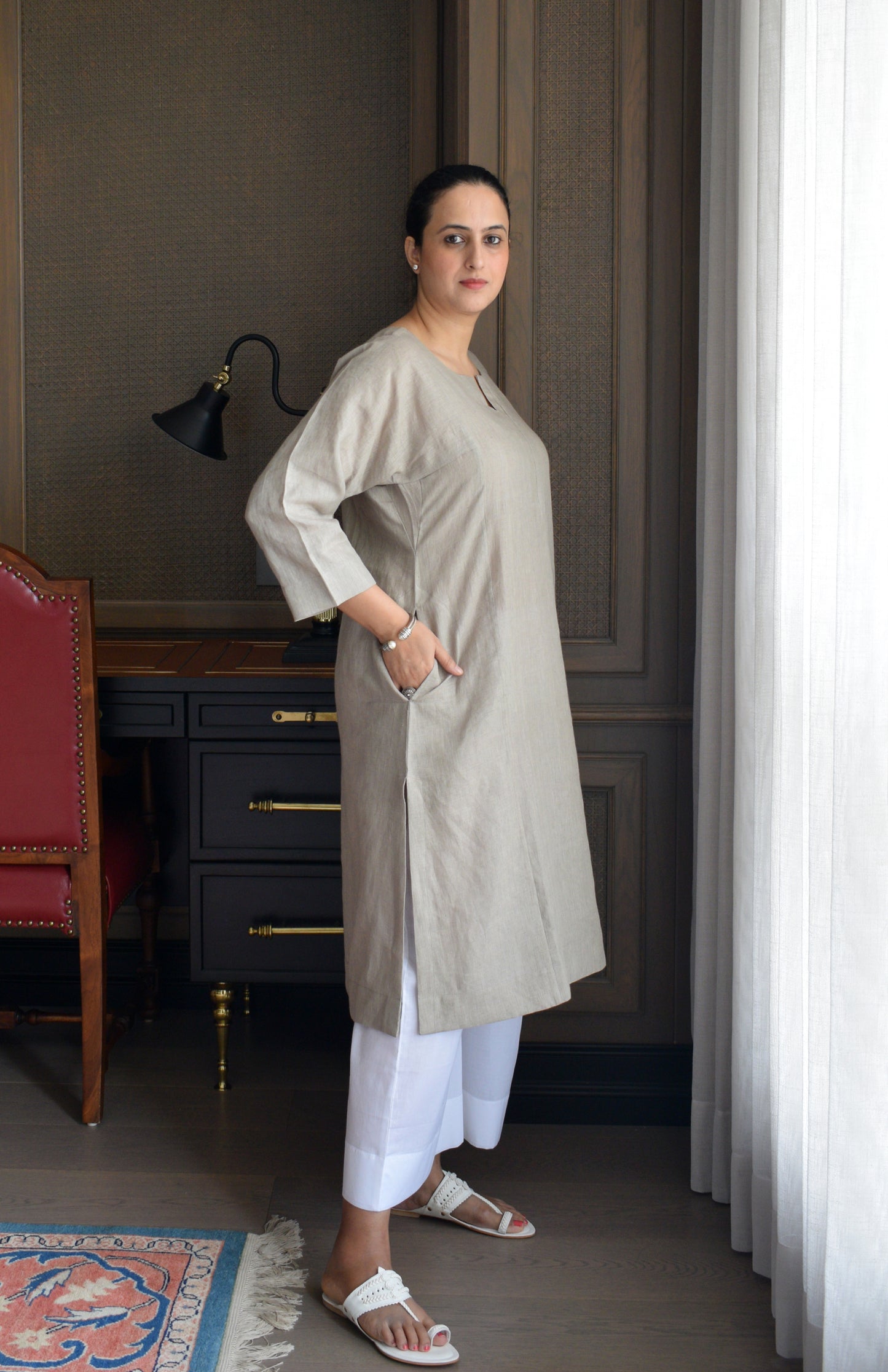 Light Grey Linen Straight fit Paneled Kurta