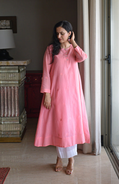 Light Pink Jamdani Polka Dot Kurta with White Pyjama