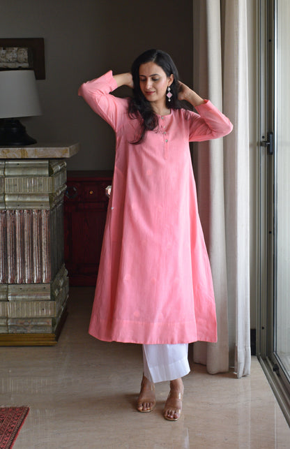 Light Pink Jamdani Polka Dot Kurta with White Pyjama