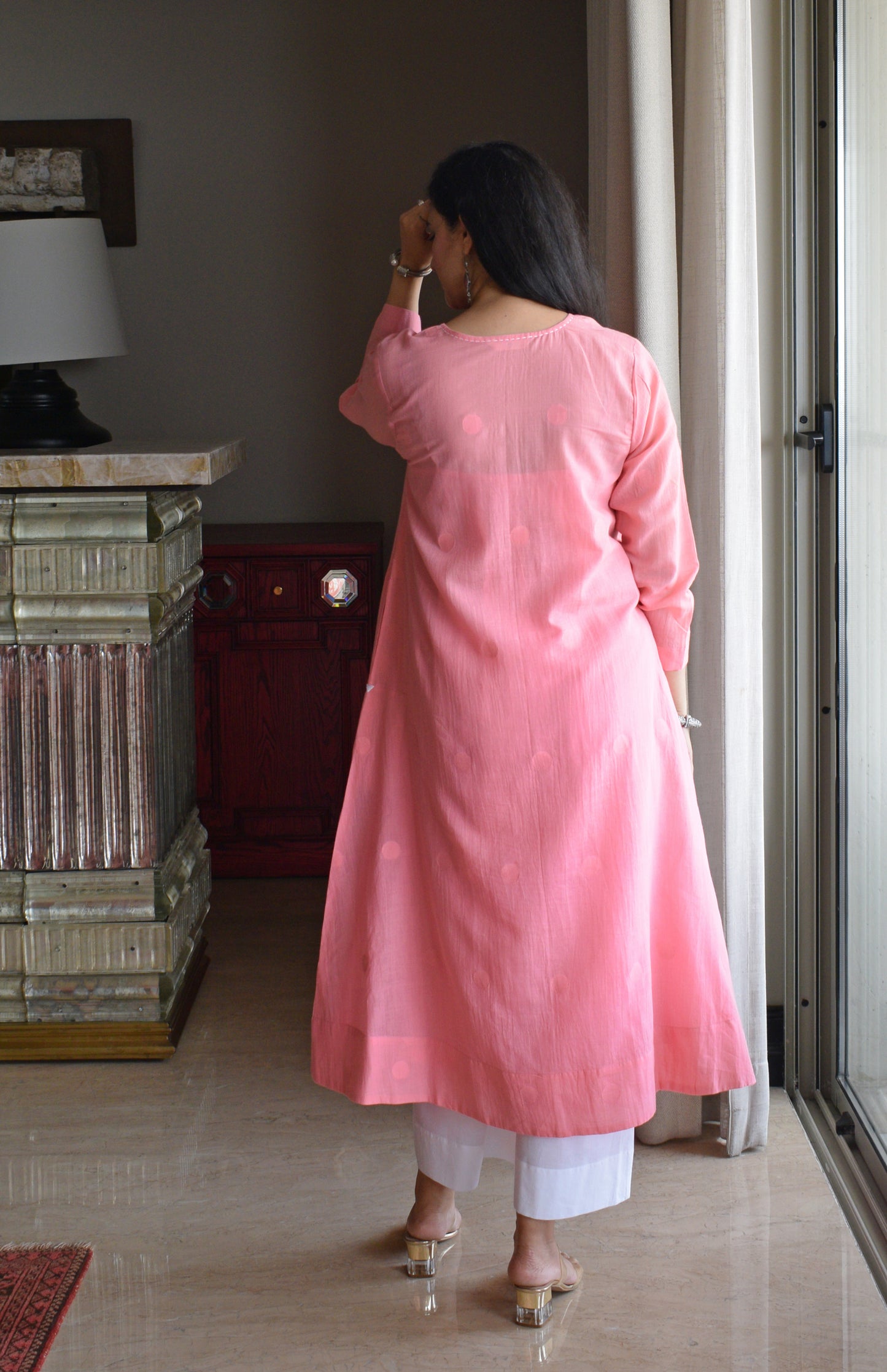 Light Pink Jamdani Polka Dot Kurta with White Pyjama